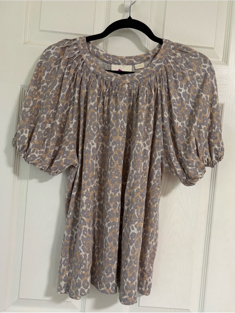 Anthropologie Puff Sleeve Animal Print Top - Beige & Gray